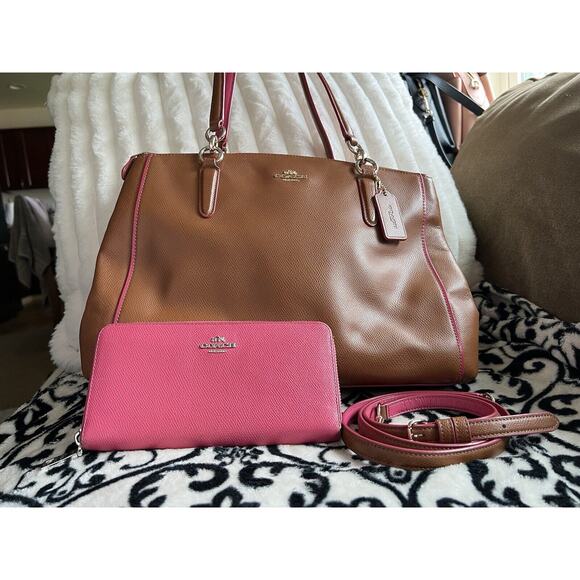 🩷🤎 Coach Christie Carryall in Tan & Pink with Matching Wallet F37764 - Picture 1 of 9